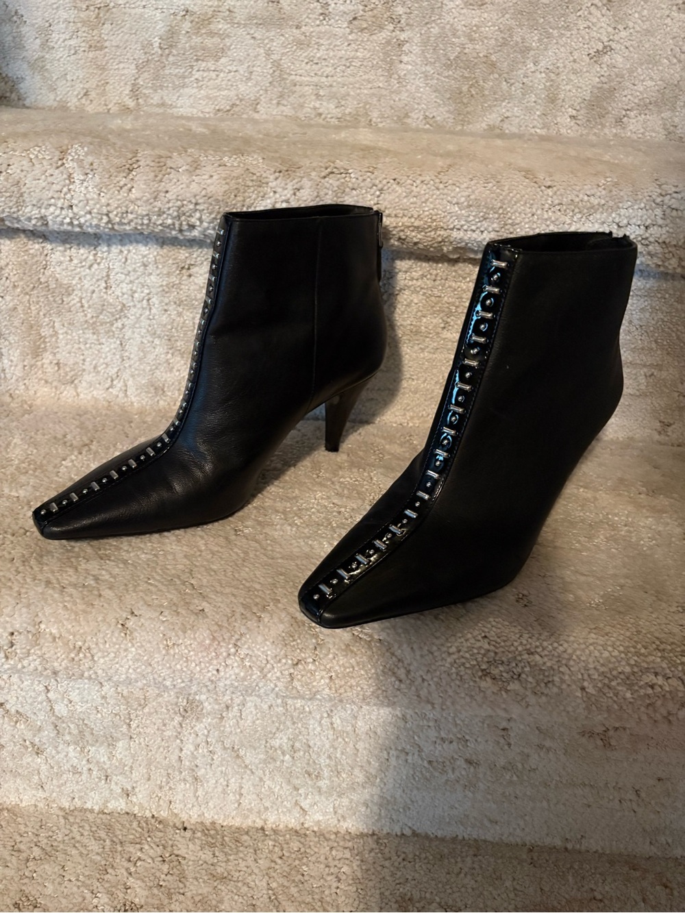 Zara Black Stud-Trim Pointed Toe Ankle Boots - Women